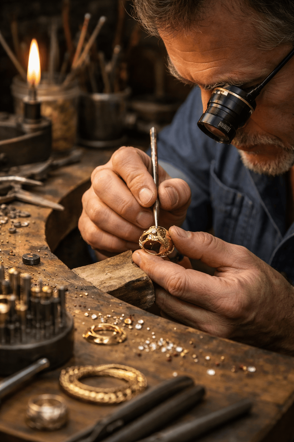 Artigiano orefice al lavoro su gioiello in oro - lavorazione artigianale